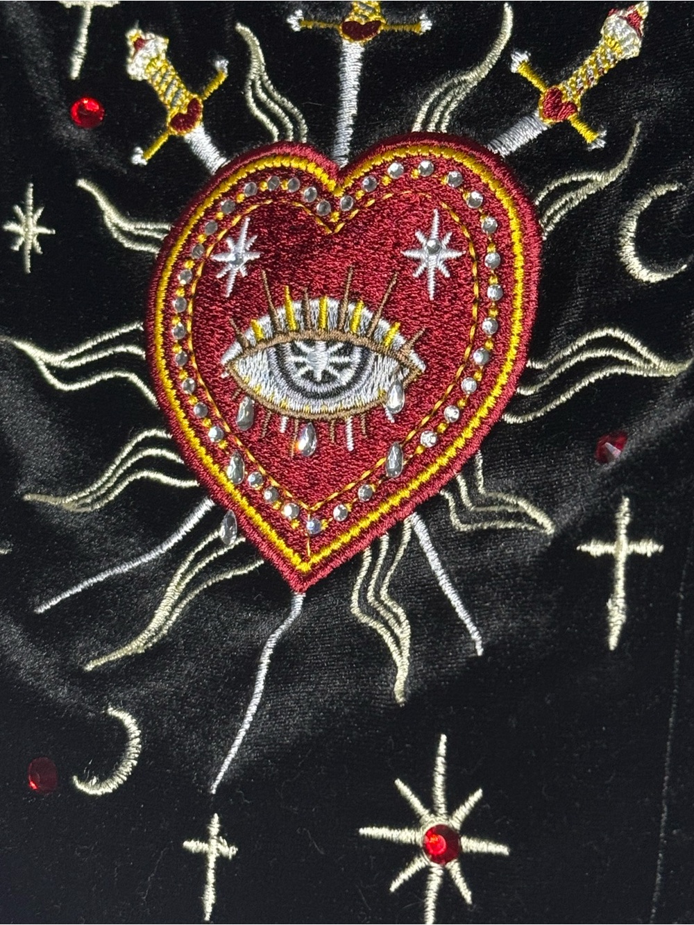 ROMWE Gothic Black Velvet Puff Sleeve Embroidered Heart Corset Crop Top Sz S - Picture 5 of 7